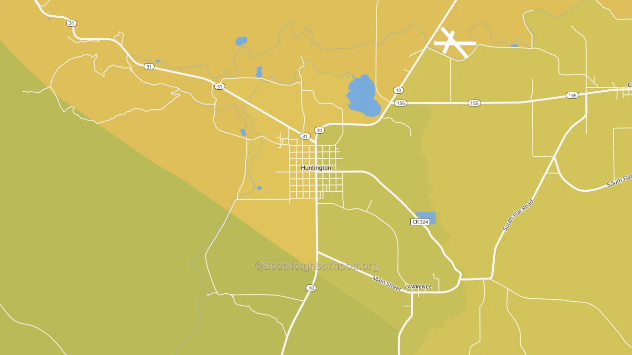 Map of the best neighborhoods in the Huntington area, with better matches in green and worse matches in red