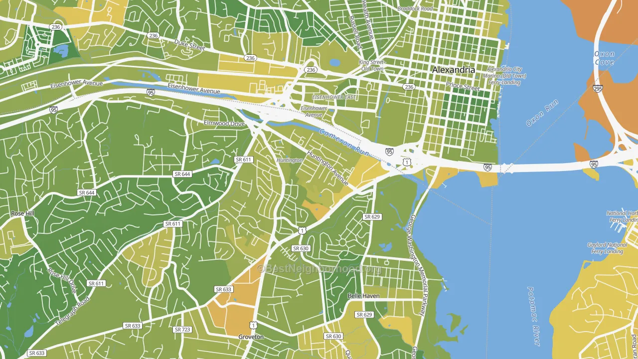 Map of the best neighborhoods in the Huntington area, with better matches in green and worse matches in red