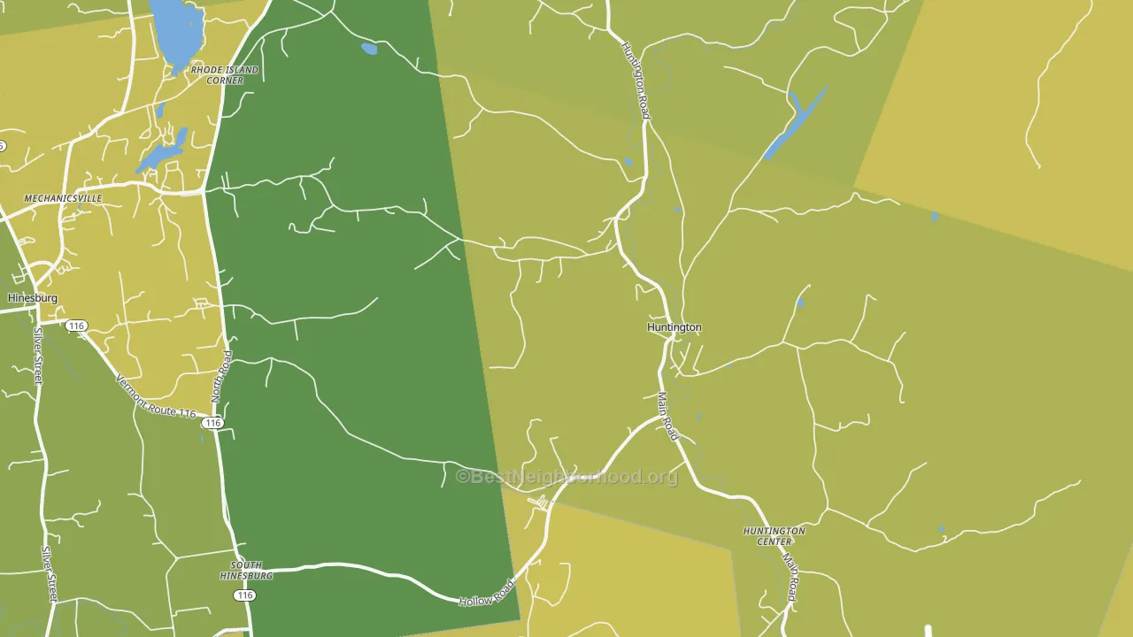 Map of the best neighborhoods in the Huntington area, with better matches in green and worse matches in red