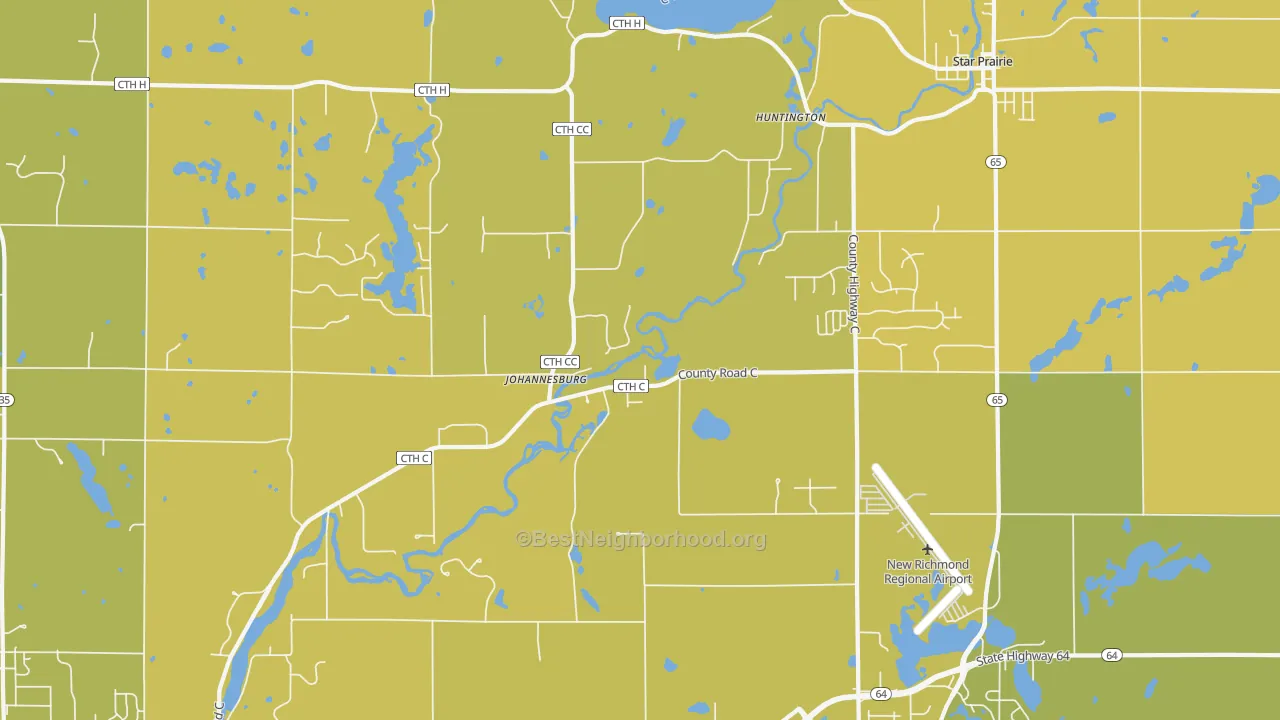 Map of the best neighborhoods in the Huntington area, with better matches in green and worse matches in red