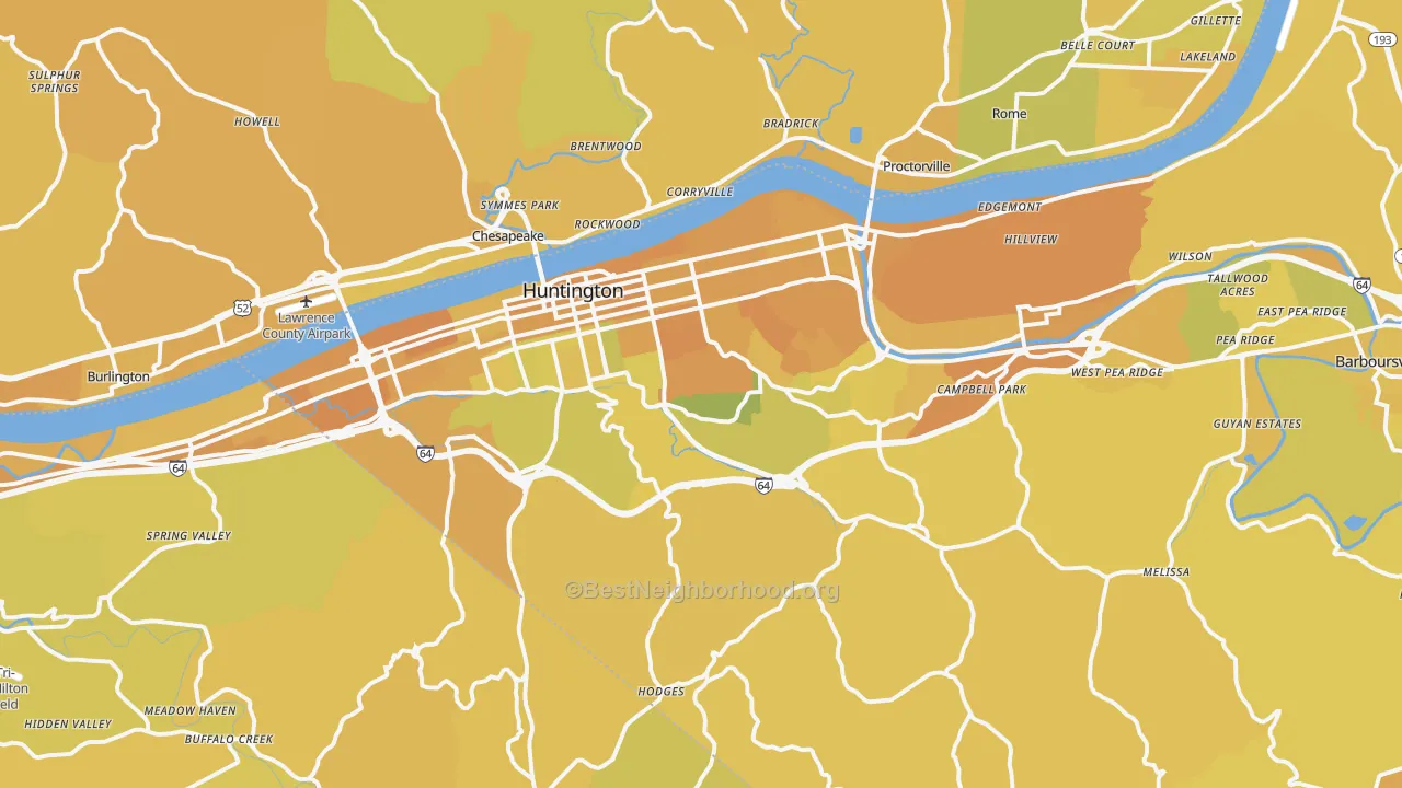 Map of the best neighborhoods in the Huntington Metro area, with better matches in green and worse matches in red