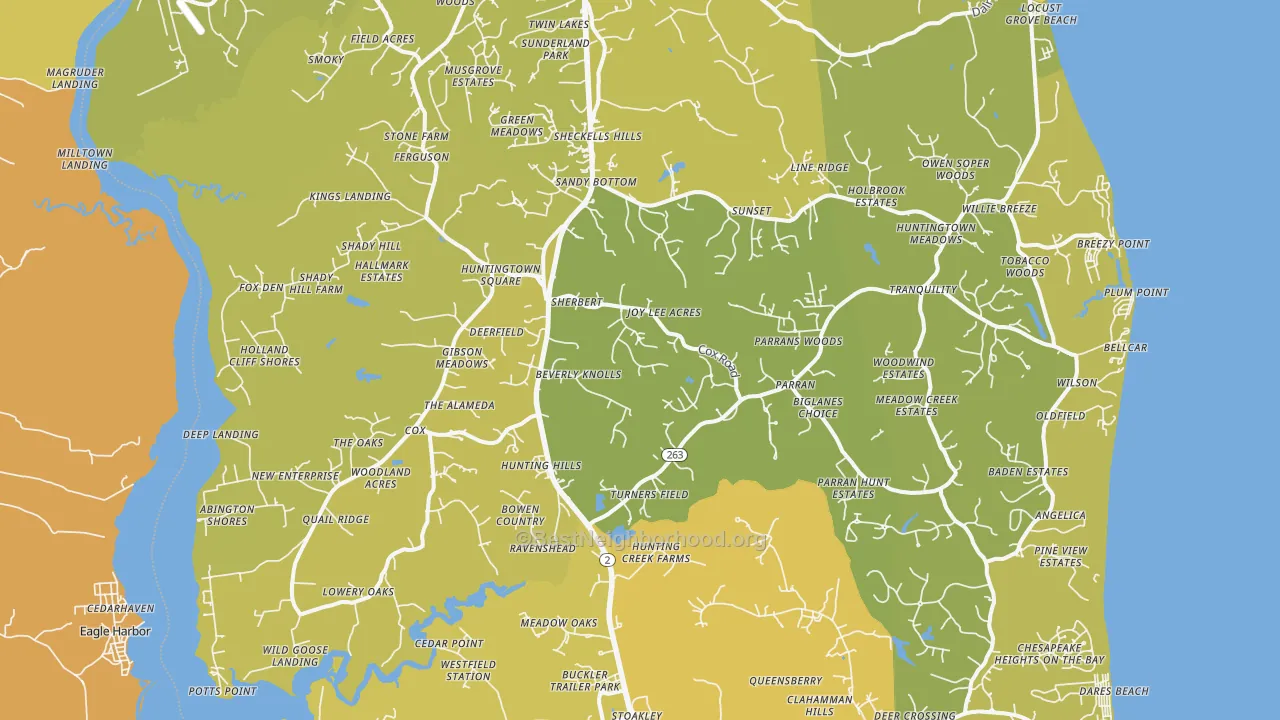 Map of the best neighborhoods in the Huntingtown area, with better matches in green and worse matches in red