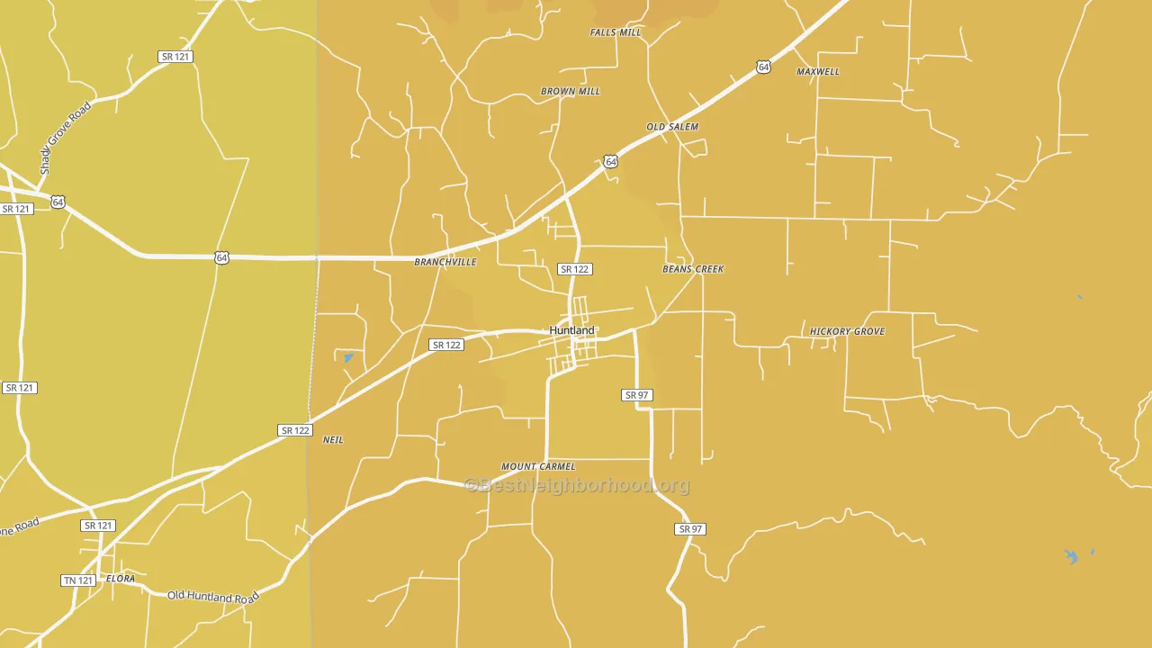 Map of the best neighborhoods in the Huntland area, with better matches in green and worse matches in red