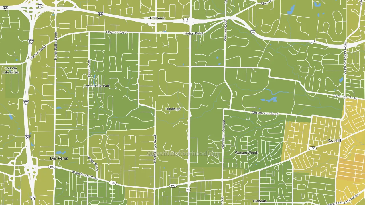Map of the best neighborhoods in the Huntleigh area, with better matches in green and worse matches in red