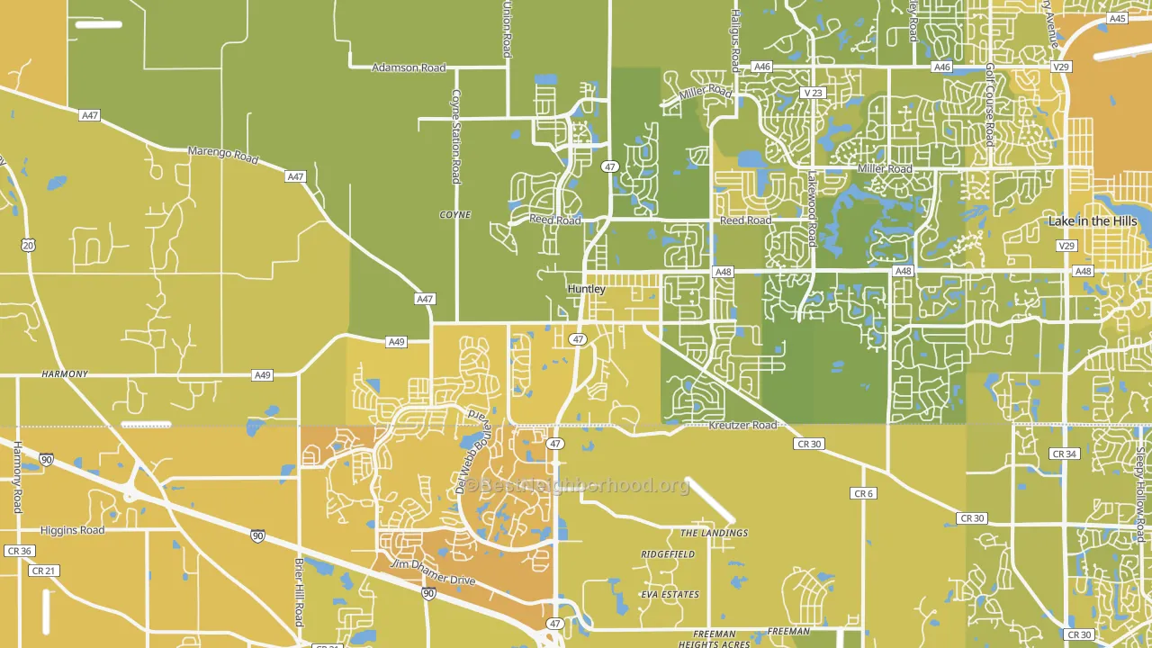 Map of the best neighborhoods in the Huntley area, with better matches in green and worse matches in red