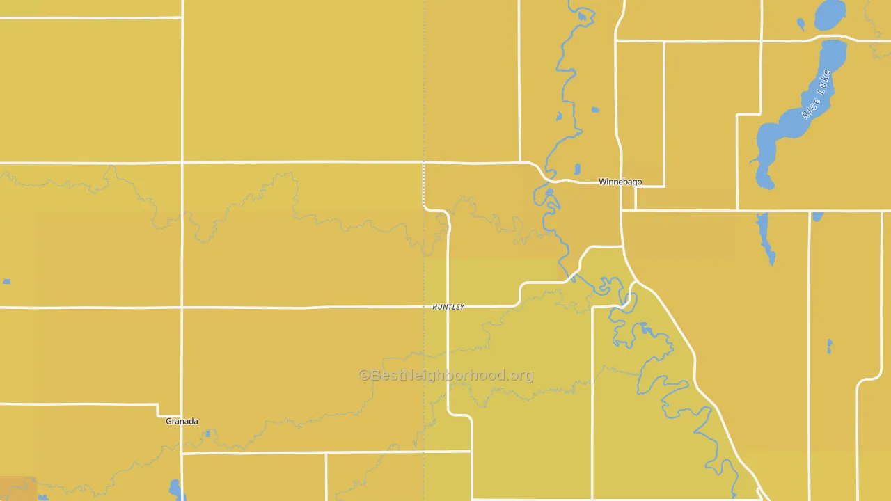Map of the best neighborhoods in the Huntley area, with better matches in green and worse matches in red