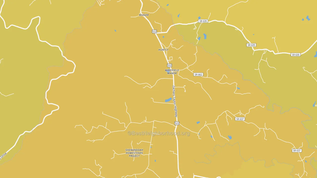 Map of the best neighborhoods in the Huntly area, with better matches in green and worse matches in red