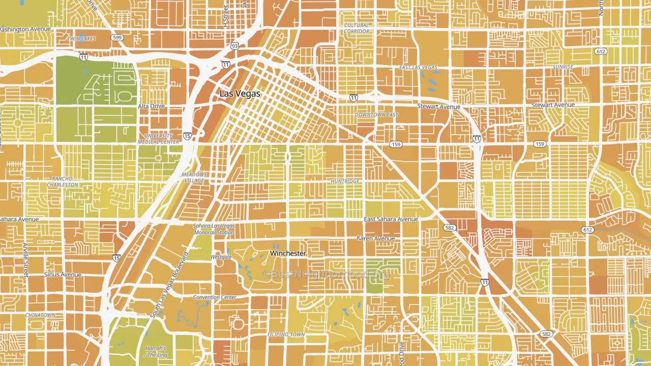 Map of the best neighborhoods in the Huntridge, Las Vegas area, with better matches in green and worse matches in red
