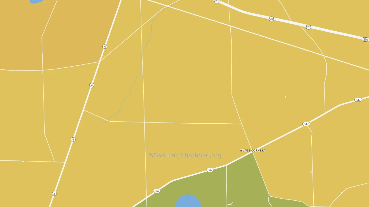 Map of the best neighborhoods in the Hunts Corner area, with better matches in green and worse matches in red