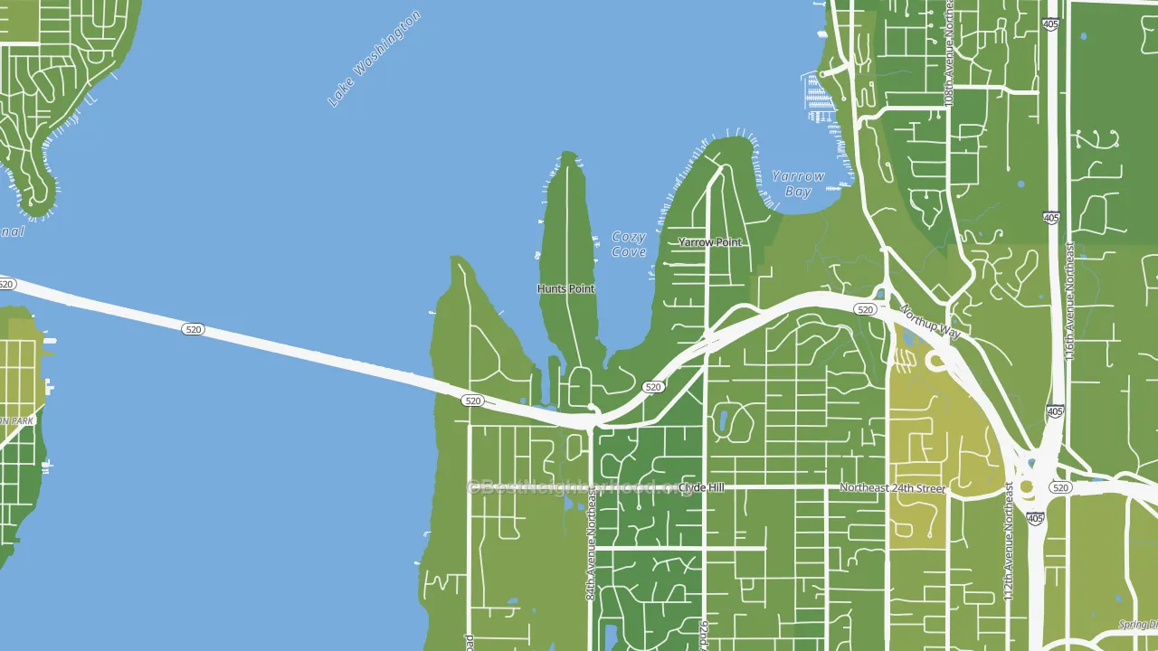 Map of the best neighborhoods in the Hunts Point area, with better matches in green and worse matches in red