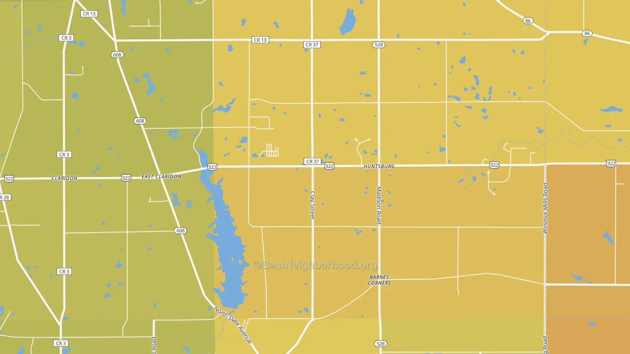 Map of the best neighborhoods in the Huntsburg area, with better matches in green and worse matches in red
