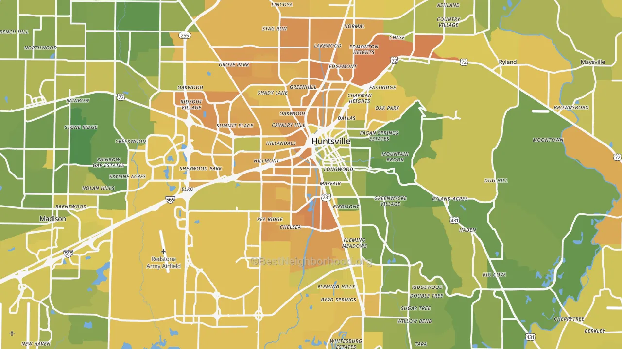 Map of the best neighborhoods in the Huntsville Metro area, with better matches in green and worse matches in red