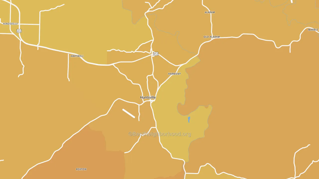 Map of the best neighborhoods in the Huntsville area, with better matches in green and worse matches in red