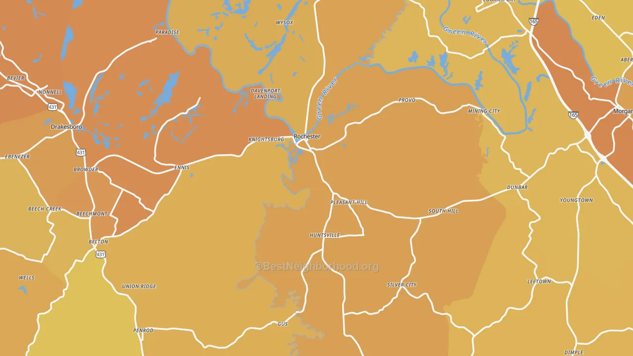 Map of the best neighborhoods in the Huntsville area, with better matches in green and worse matches in red