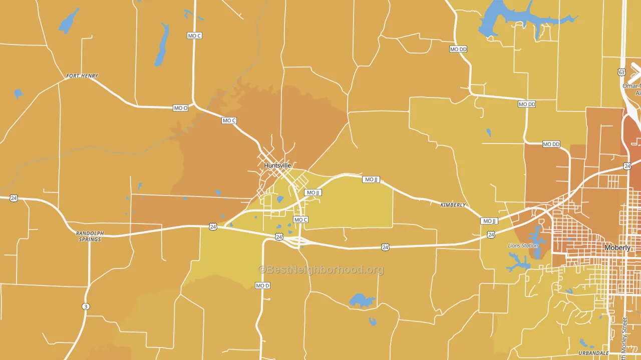 Map of the best neighborhoods in the Huntsville area, with better matches in green and worse matches in red
