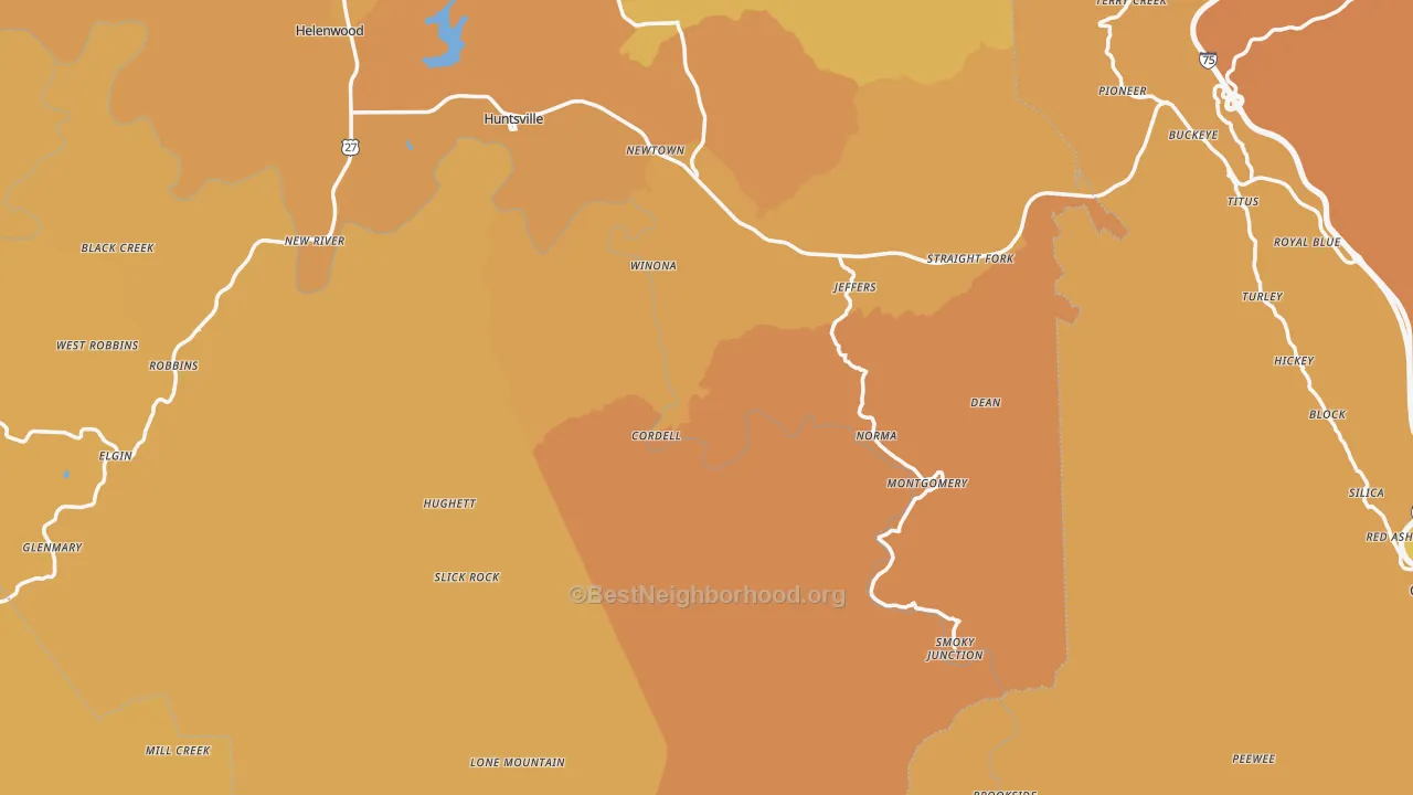 Map of the best neighborhoods in the Huntsville area, with better matches in green and worse matches in red