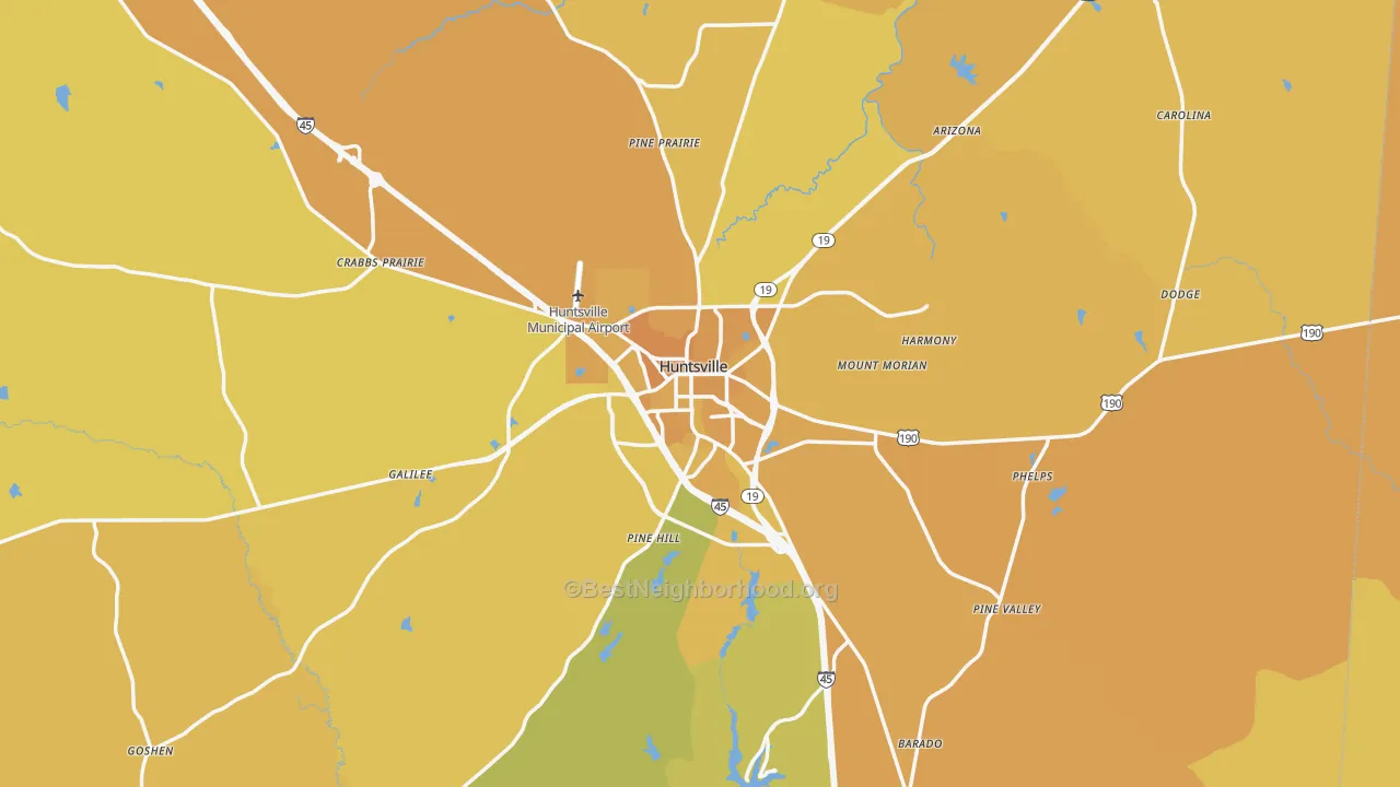 Map of the best neighborhoods in the Huntsville area, with better matches in green and worse matches in red