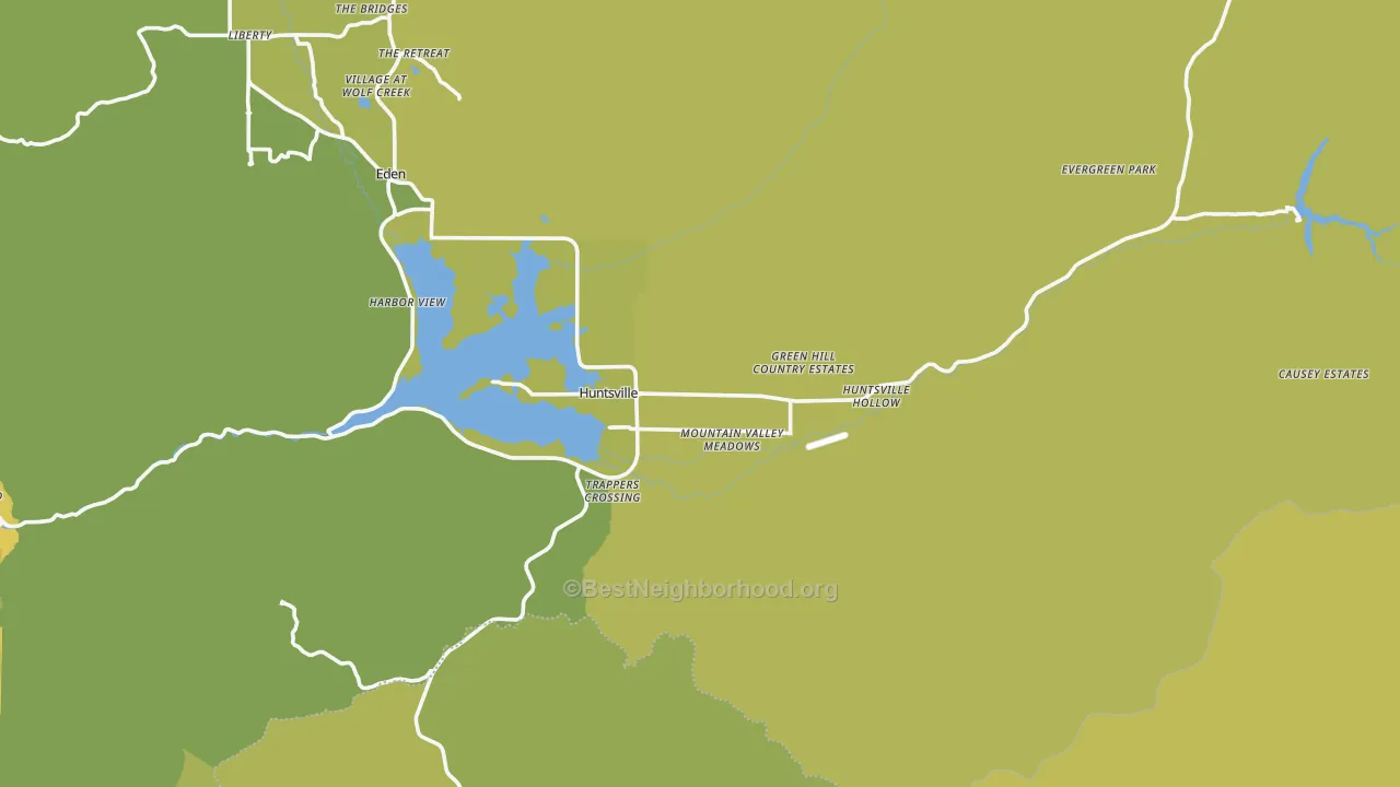 Map of the best neighborhoods in the Huntsville area, with better matches in green and worse matches in red
