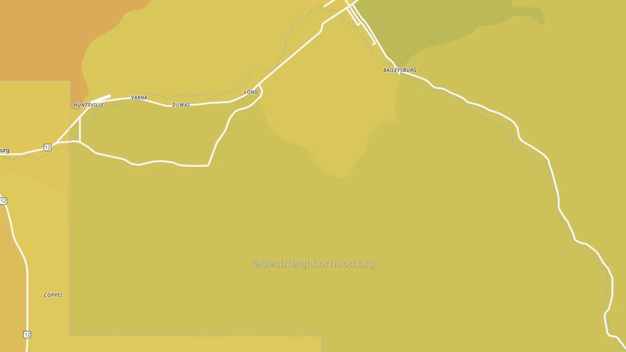 Map of the best neighborhoods in the Huntsville area, with better matches in green and worse matches in red