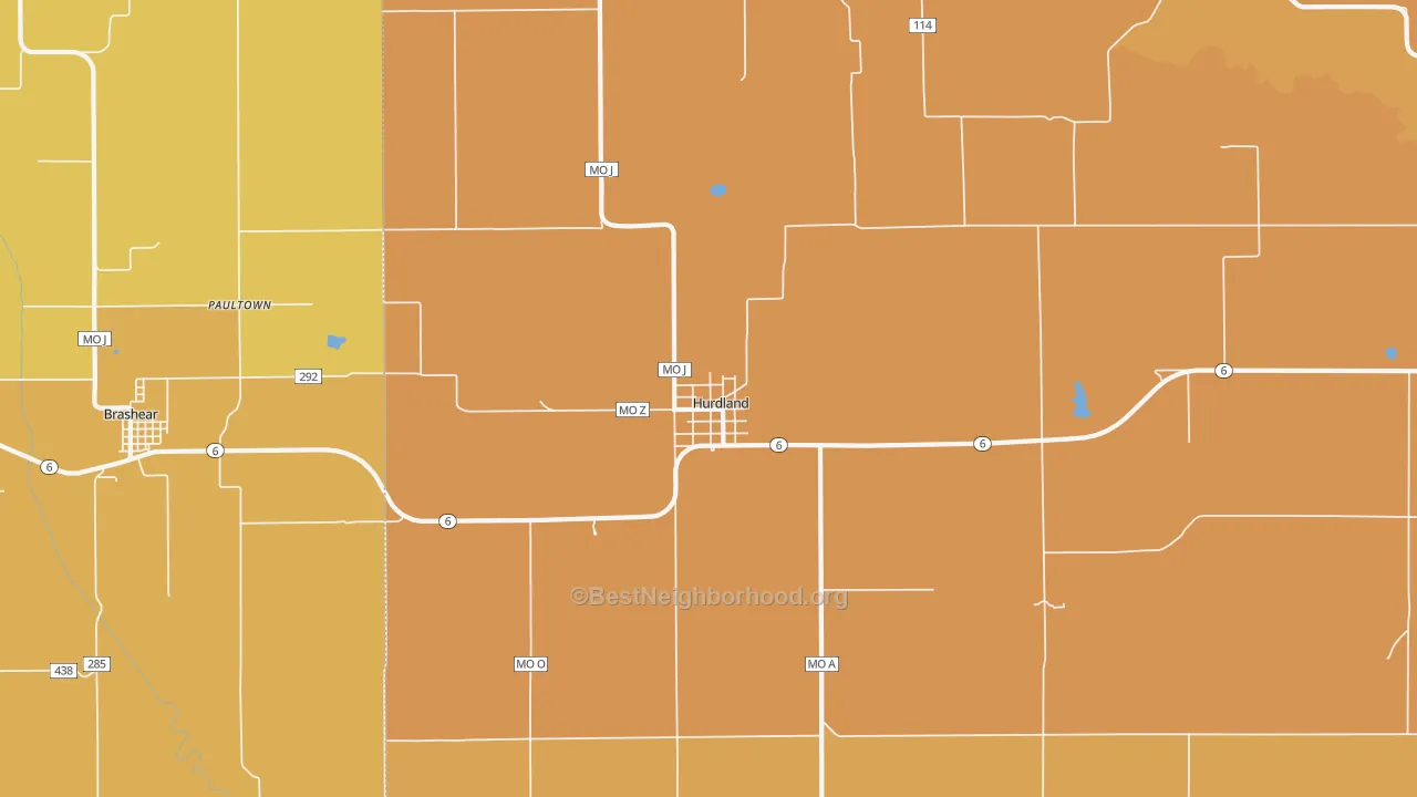 Map of the best neighborhoods in the Hurdland area, with better matches in green and worse matches in red