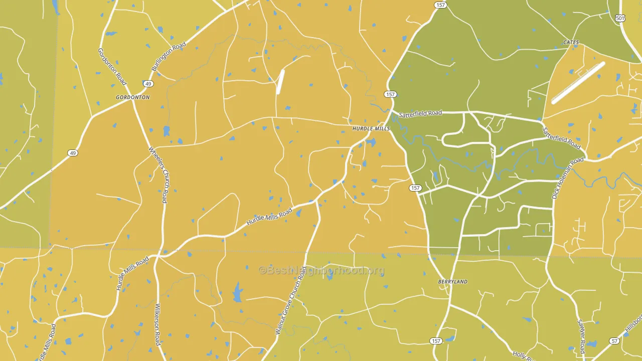 Map of the best neighborhoods in the Hurdle Mills area, with better matches in green and worse matches in red