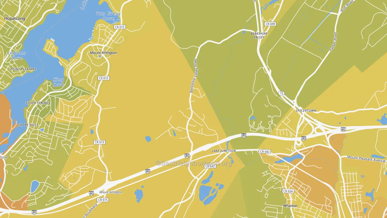 Map of the best neighborhoods in the Hurdtown area, with better matches in green and worse matches in red