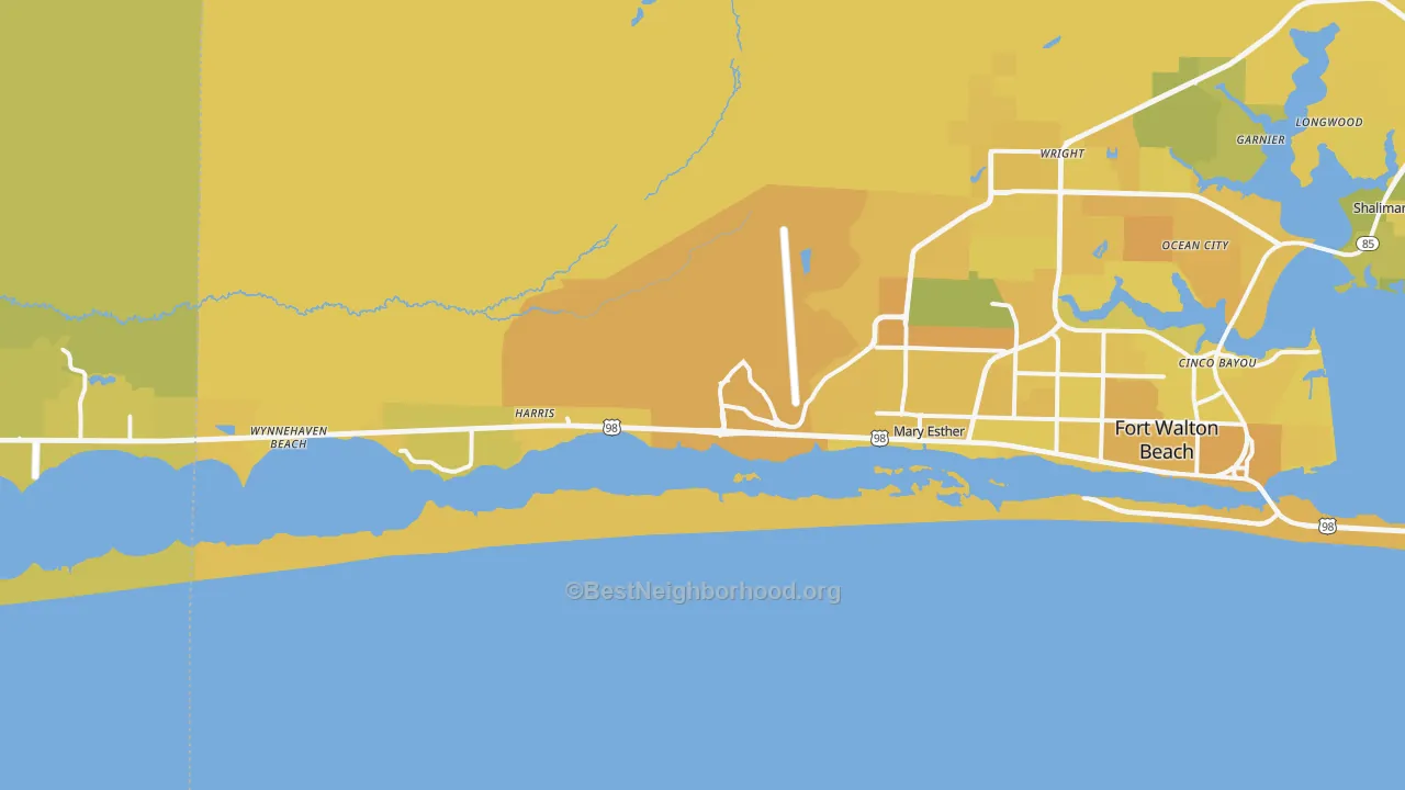 Map of the best neighborhoods in the Hurlburt Field area, with better matches in green and worse matches in red