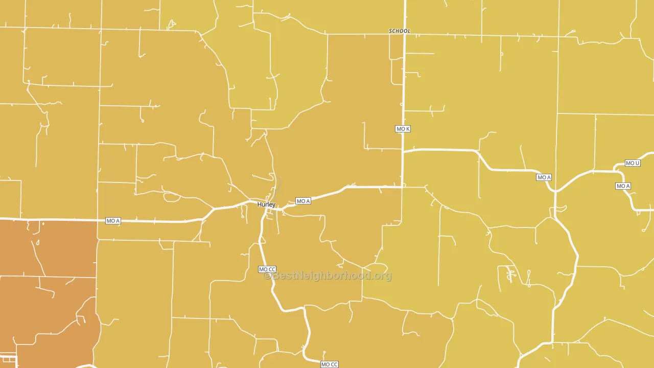 Map of the best neighborhoods in the Hurley area, with better matches in green and worse matches in red