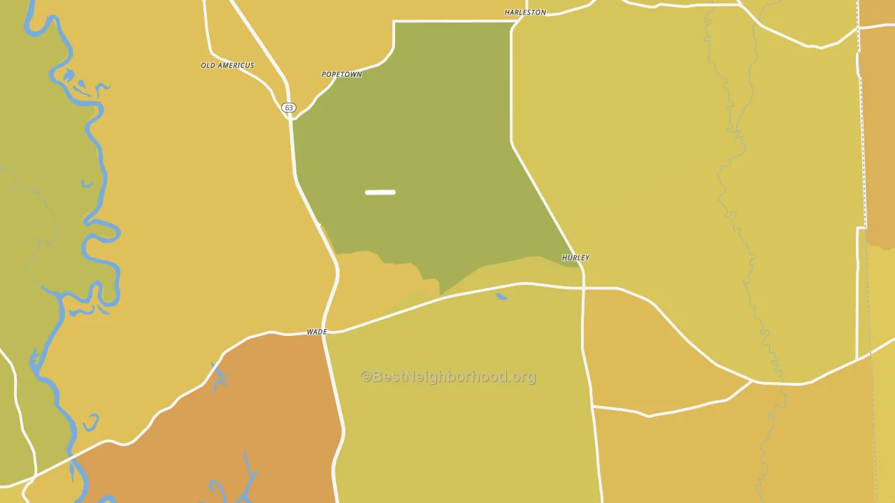 Map of the best neighborhoods in the Hurley area, with better matches in green and worse matches in red