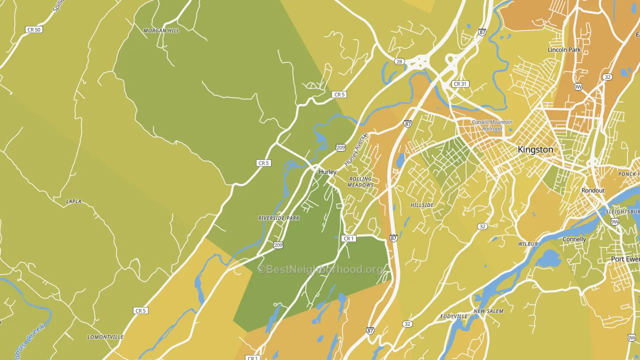 Map of the best neighborhoods in the Hurley area, with better matches in green and worse matches in red