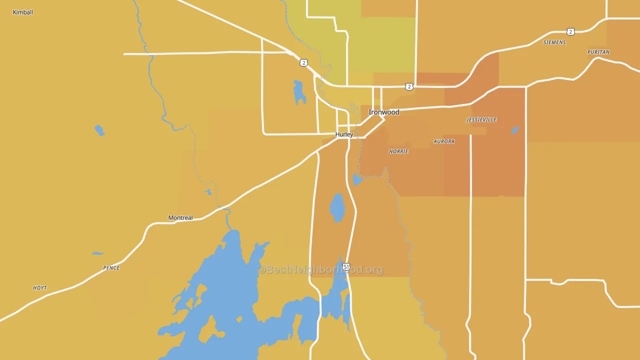 Map of the best neighborhoods in the Hurley area, with better matches in green and worse matches in red