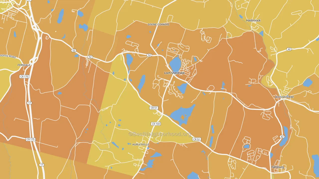Map of the best neighborhoods in the Hurleyville area, with better matches in green and worse matches in red