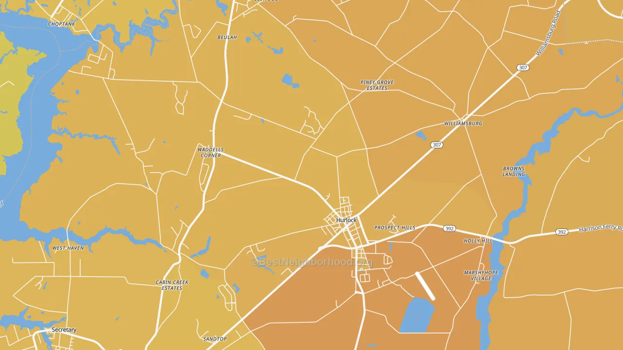 Map of the best neighborhoods in the Hurlock area, with better matches in green and worse matches in red