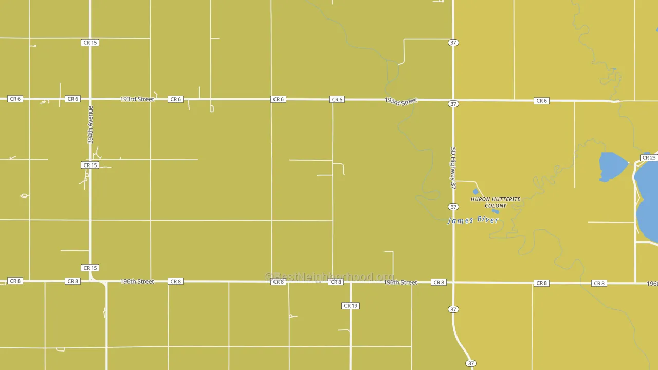 Map of the best neighborhoods in the Huron Colony area, with better matches in green and worse matches in red