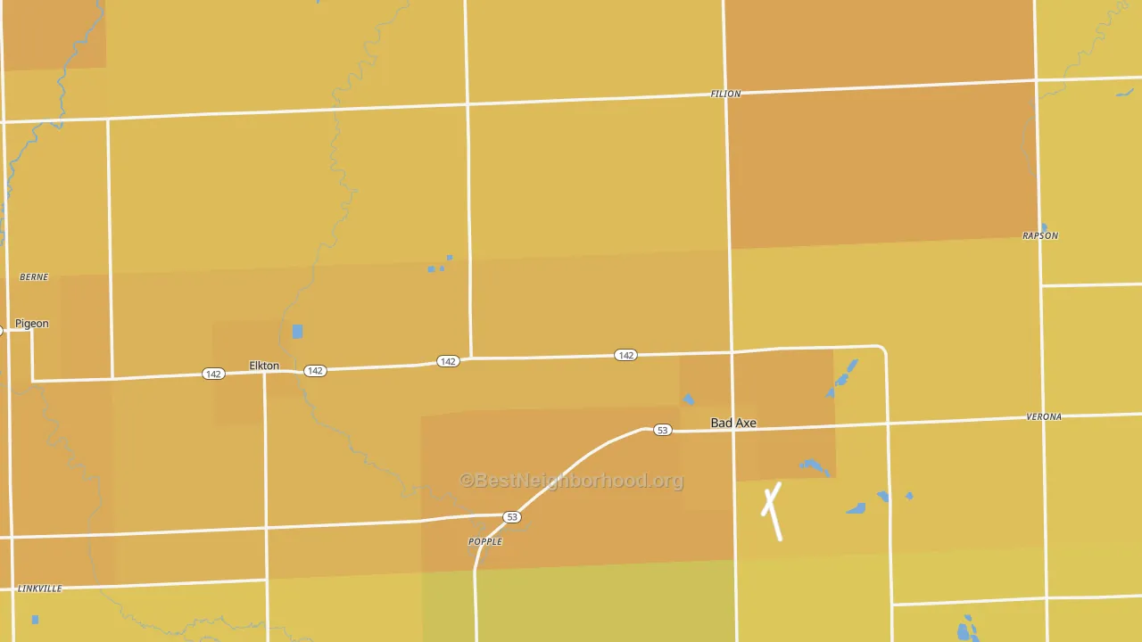 Map of the best neighborhoods in the Huron County area, with better matches in green and worse matches in red