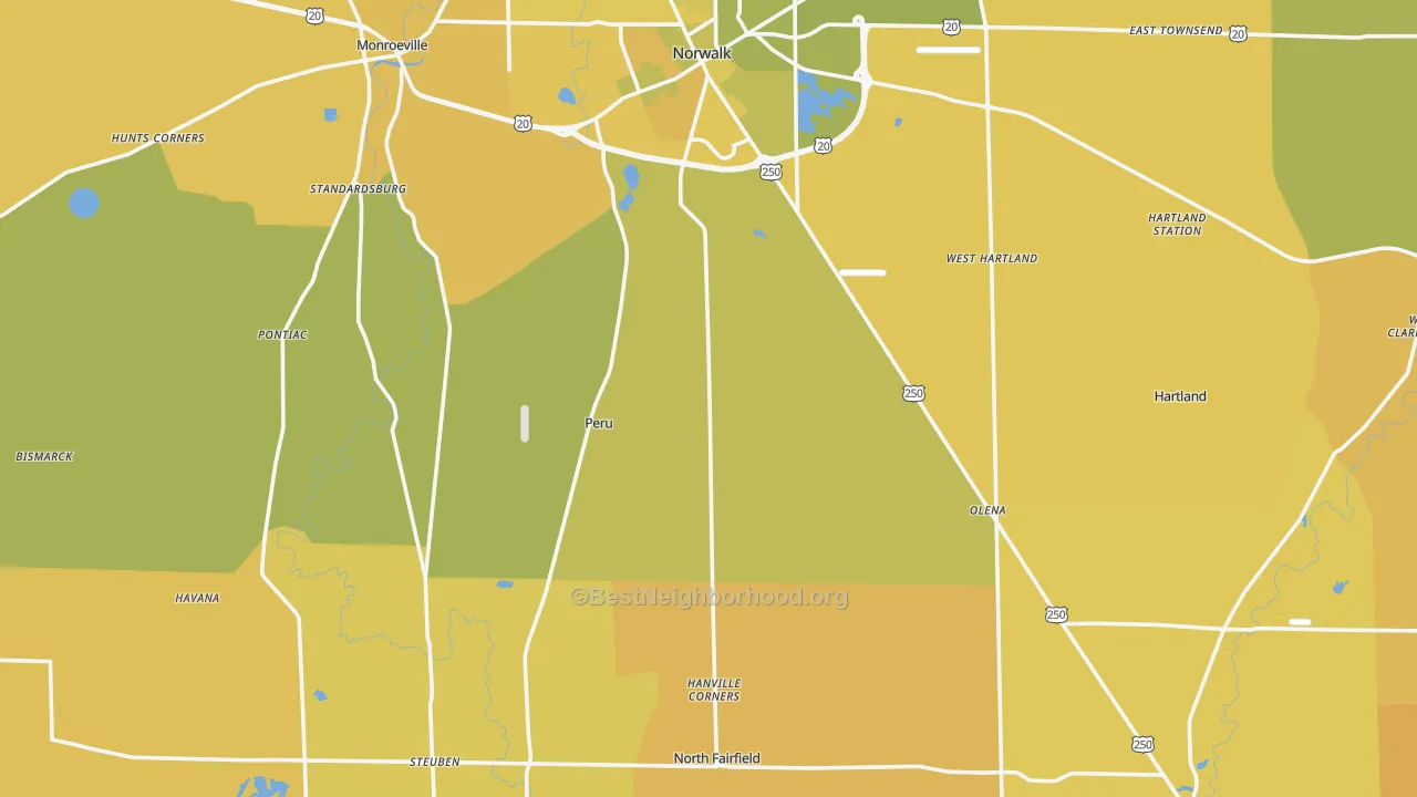 Map of the best neighborhoods in the Huron County area, with better matches in green and worse matches in red