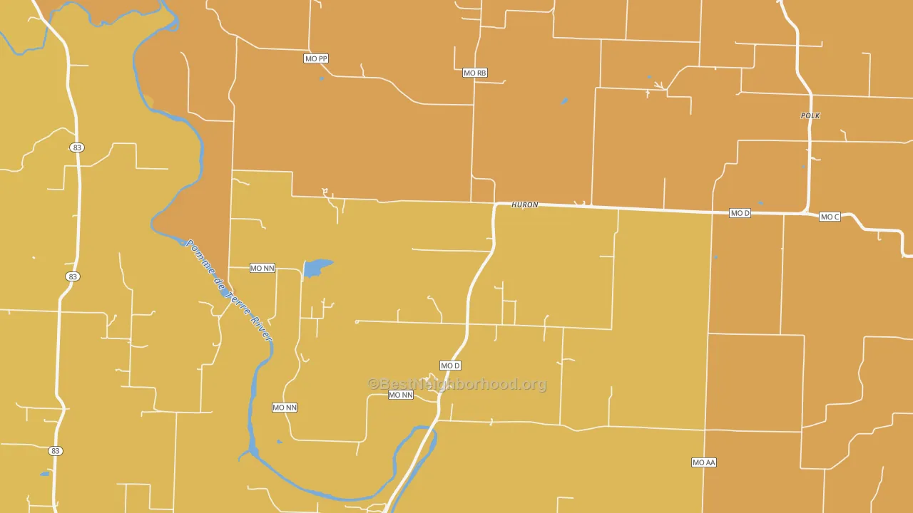 Map of the best neighborhoods in the Huron area, with better matches in green and worse matches in red