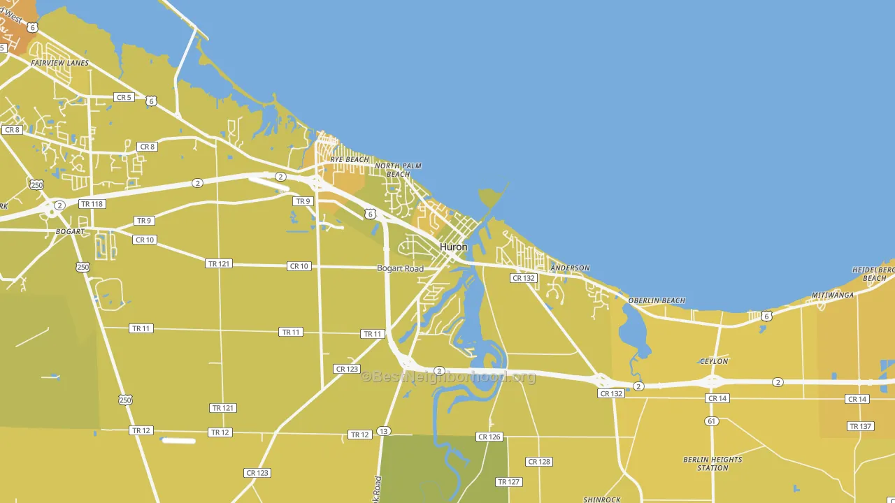 Map of the best neighborhoods in the Huron area, with better matches in green and worse matches in red