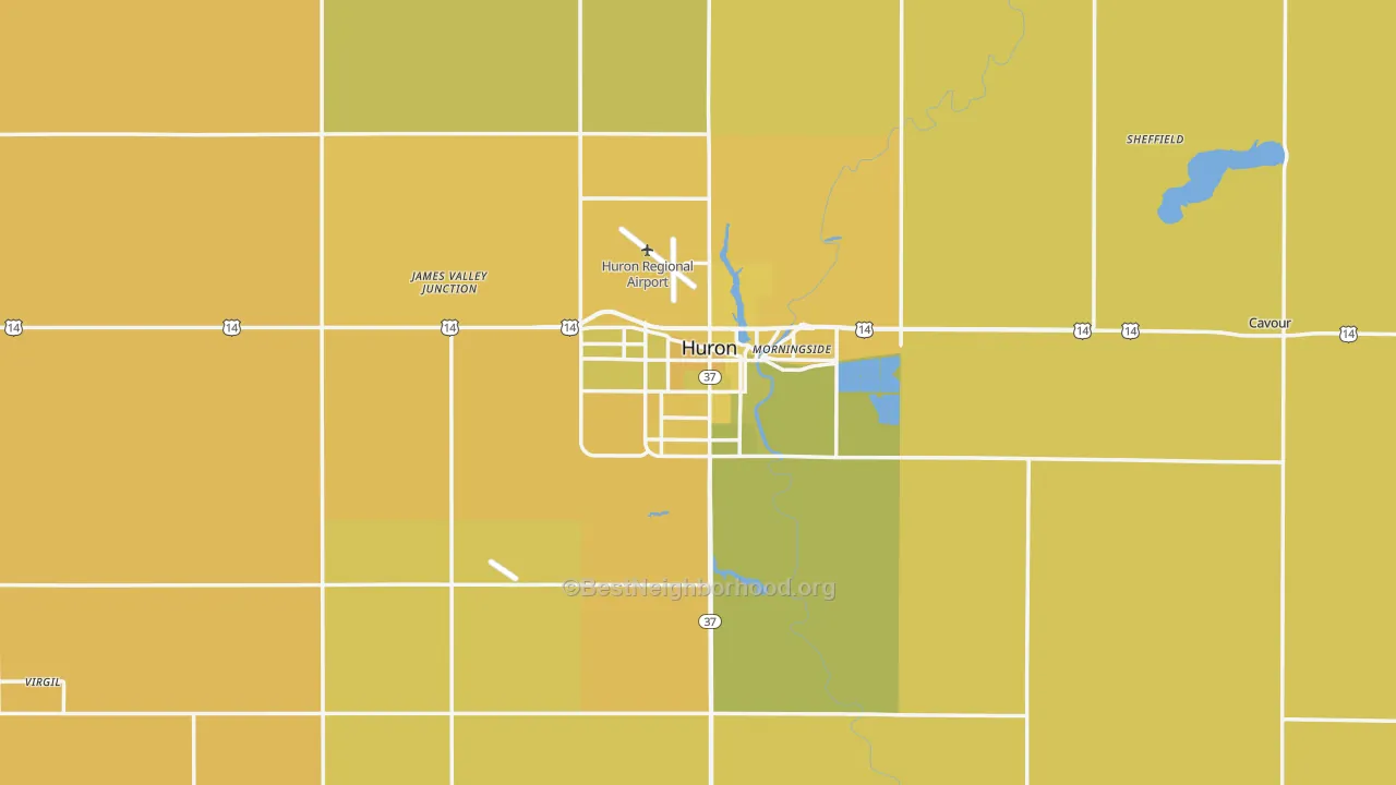 Map of the best neighborhoods in the Huron area, with better matches in green and worse matches in red