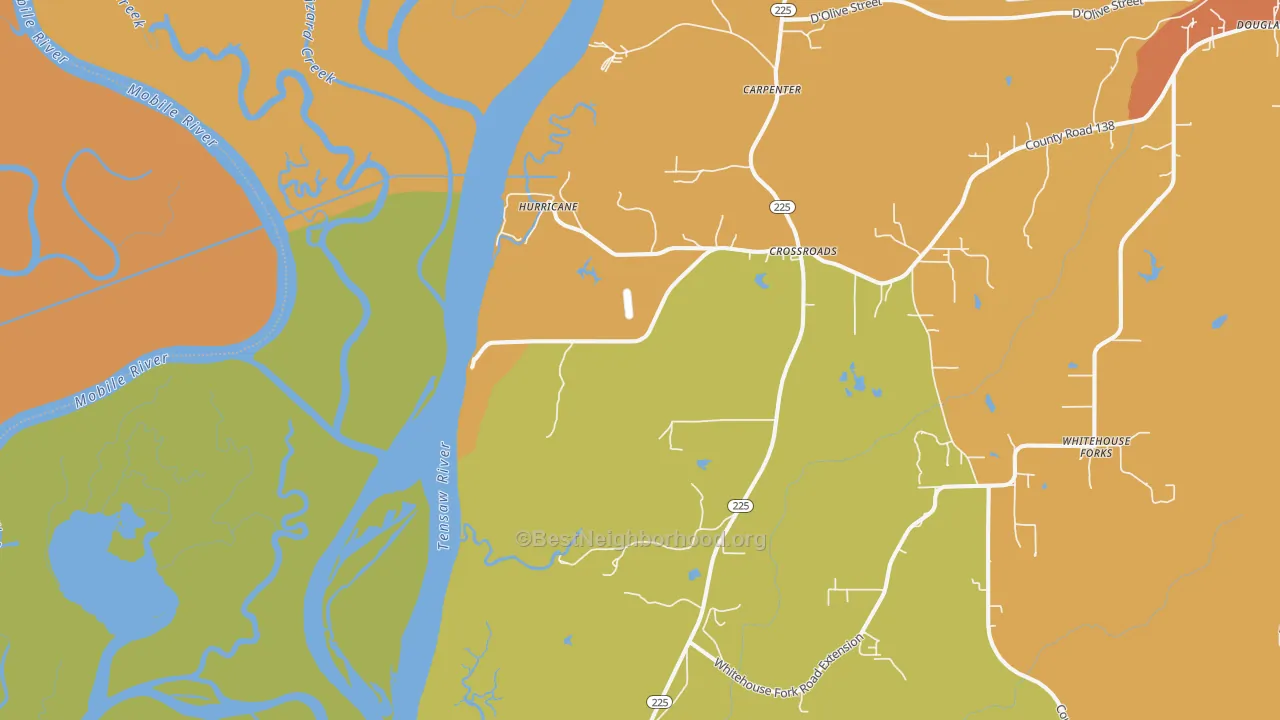 Map of the best neighborhoods in the Hurricane area, with better matches in green and worse matches in red