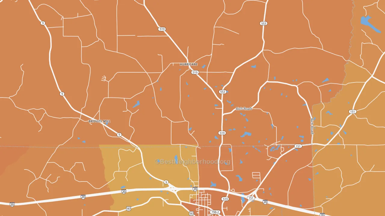 Map of the best neighborhoods in the Hurricane area, with better matches in green and worse matches in red