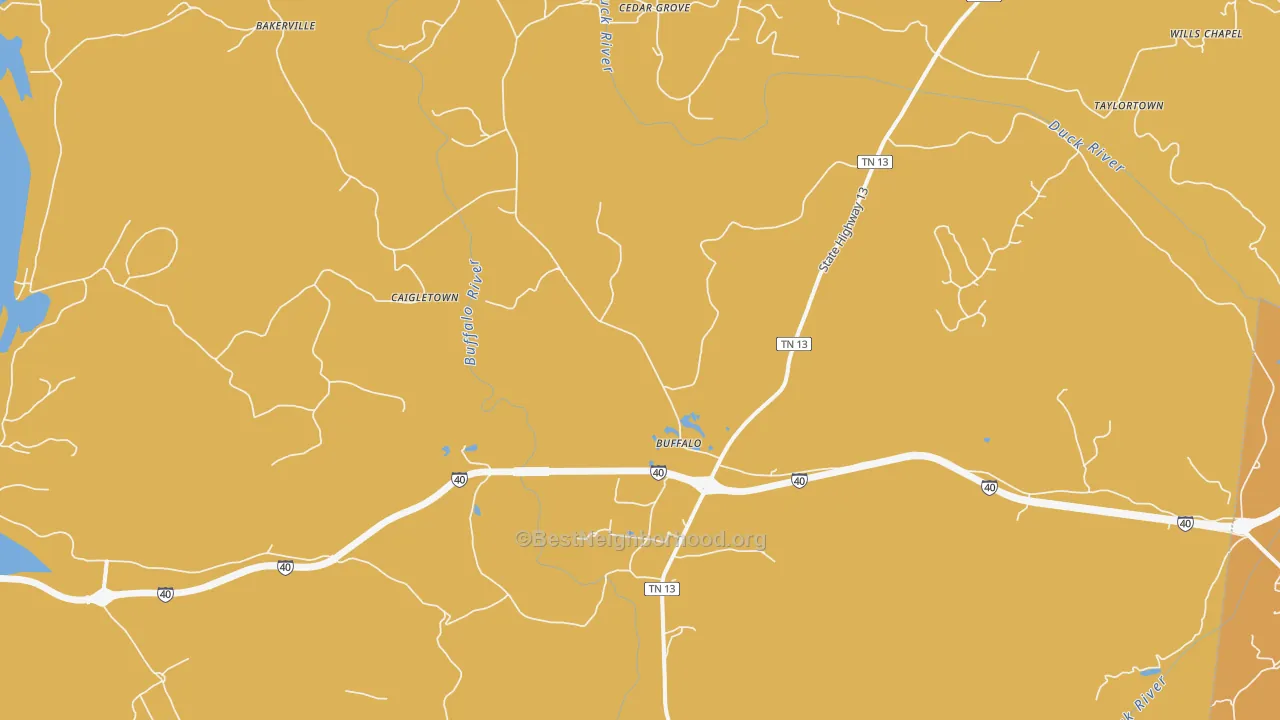 Map of the best neighborhoods in the Hurricane Mills area, with better matches in green and worse matches in red