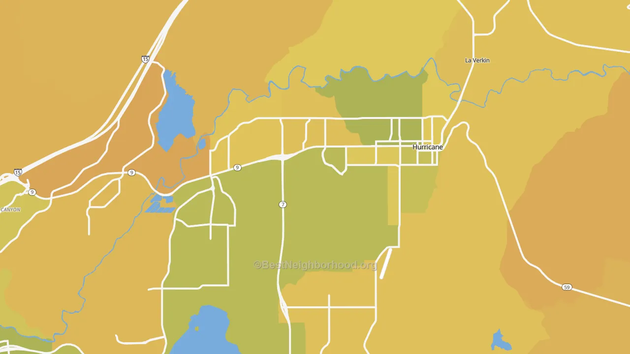 Map of the best neighborhoods in the Hurricane area, with better matches in green and worse matches in red