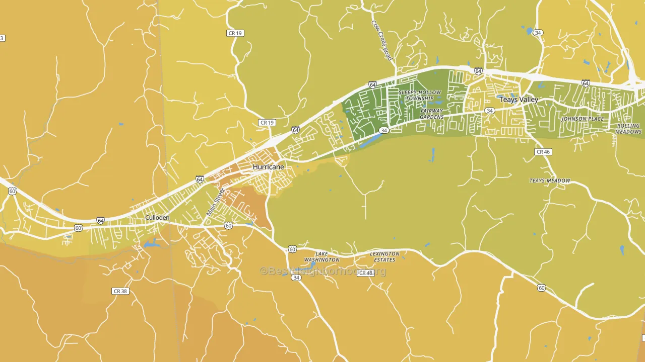 Map of the best neighborhoods in the Hurricane area, with better matches in green and worse matches in red
