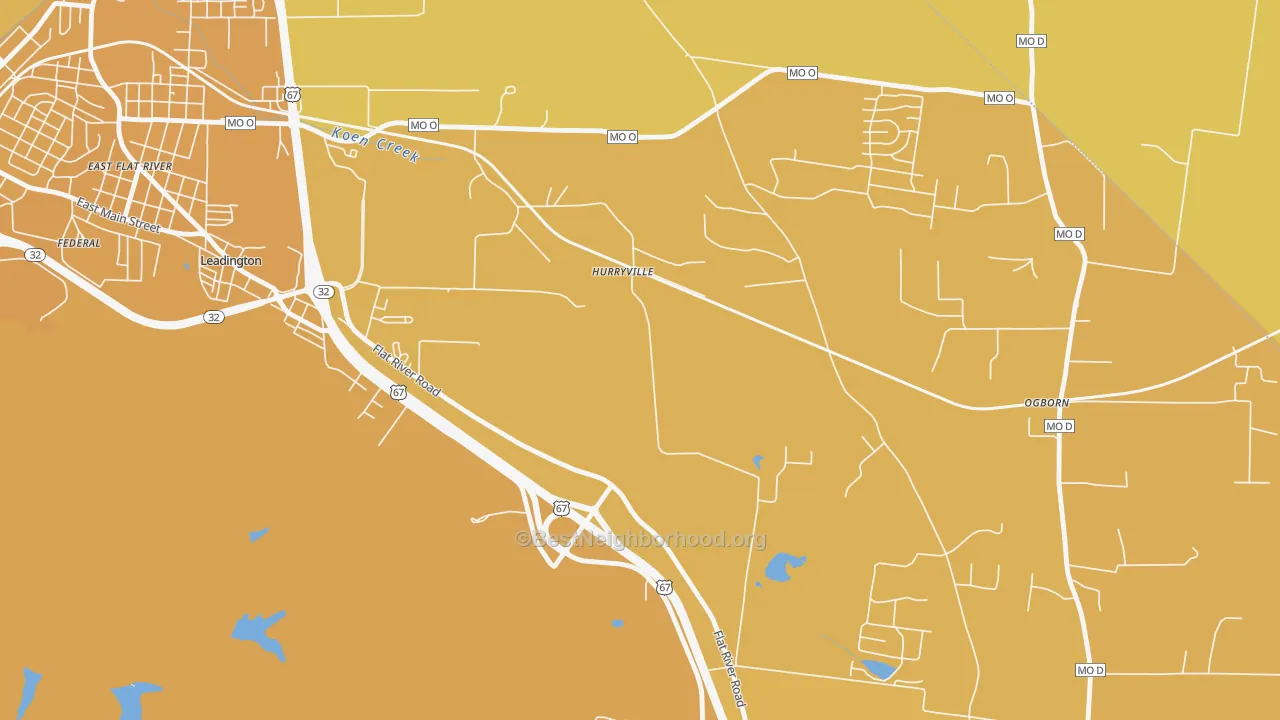 Map of the best neighborhoods in the Hurryville area, with better matches in green and worse matches in red