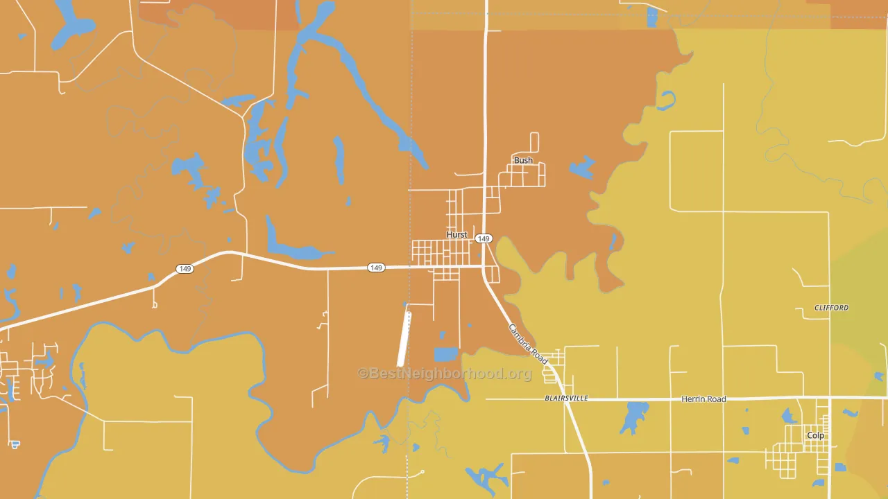 Map of the best neighborhoods in the Hurst area, with better matches in green and worse matches in red