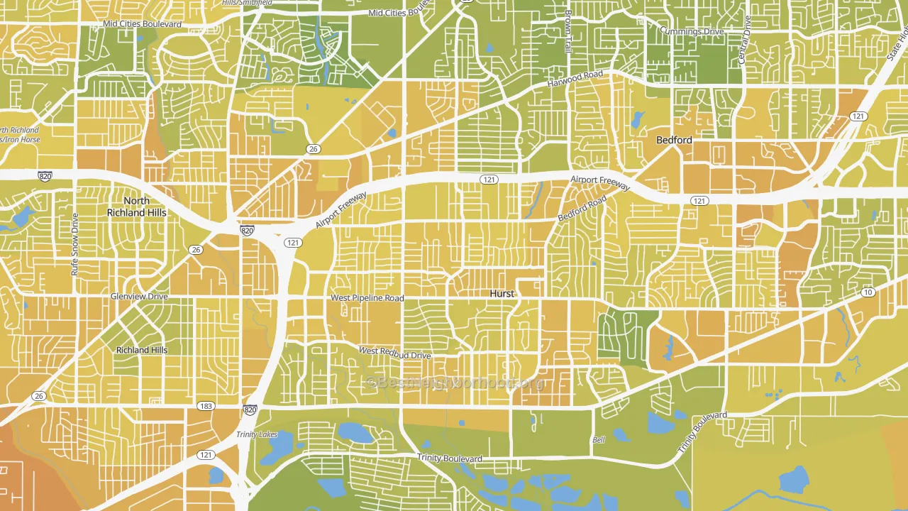 Map of the best neighborhoods in the Hurst area, with better matches in green and worse matches in red