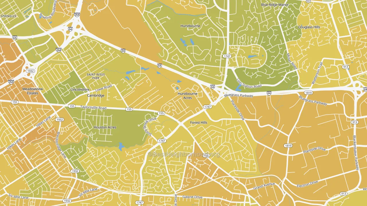 Map of the best neighborhoods in the Hurstbourne Acres area, with better matches in green and worse matches in red