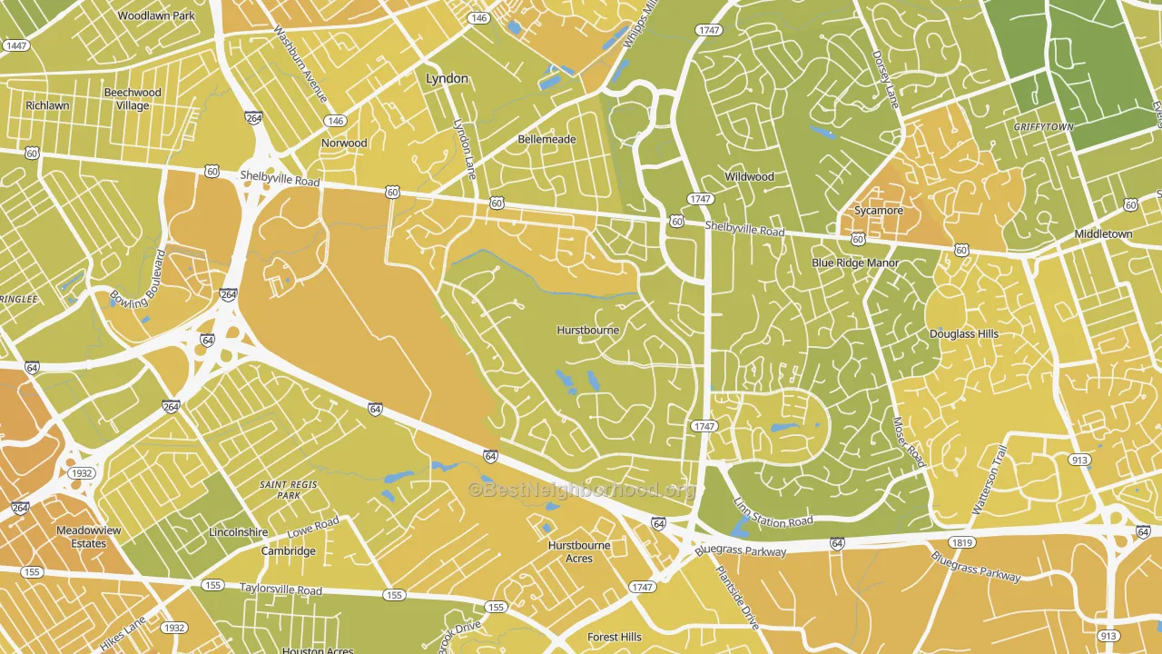 Map of the best neighborhoods in the Hurstbourne area, with better matches in green and worse matches in red