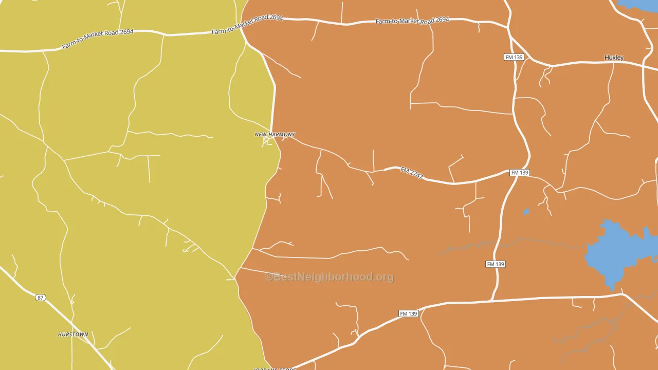 Map of the best neighborhoods in the Hurstown area, with better matches in green and worse matches in red